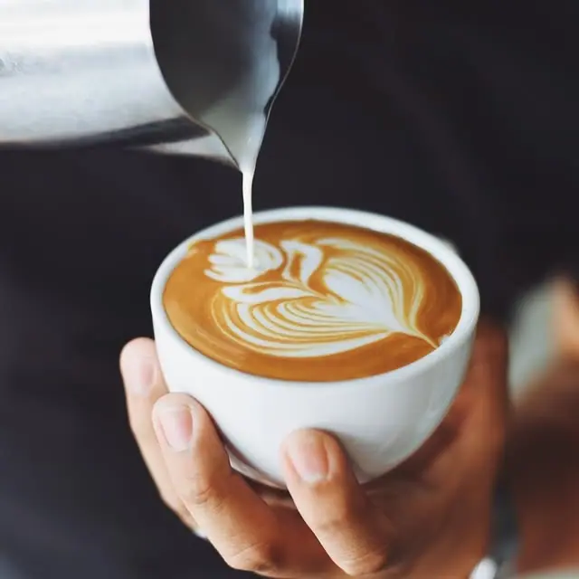 Milk being poured into a cappuccino, leaf latte art forming in the cup
